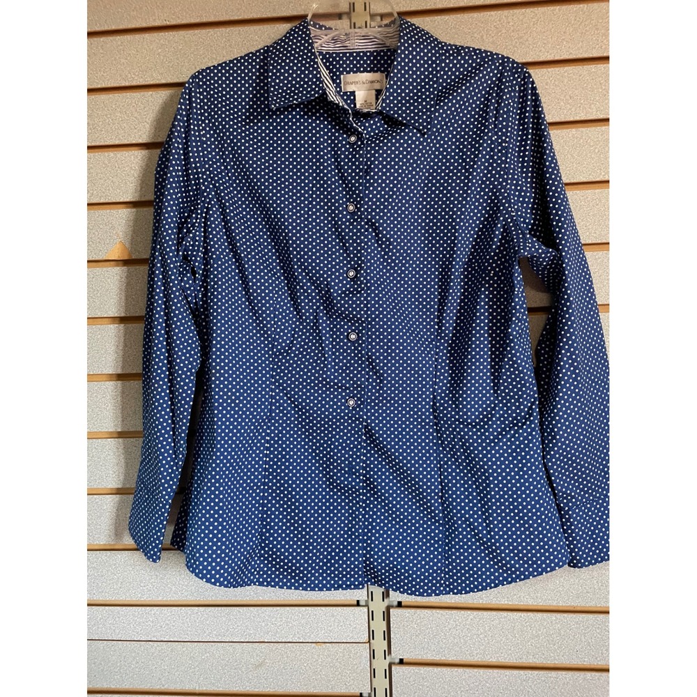 Drapers & Damons Polka Dot Button-Up Shirt Blue White Women's Medium Business Ca